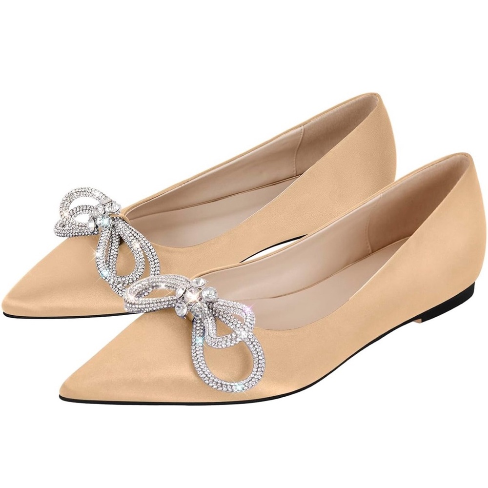 Satin Lows Heels in Beige with Silver Rhinestone Bow